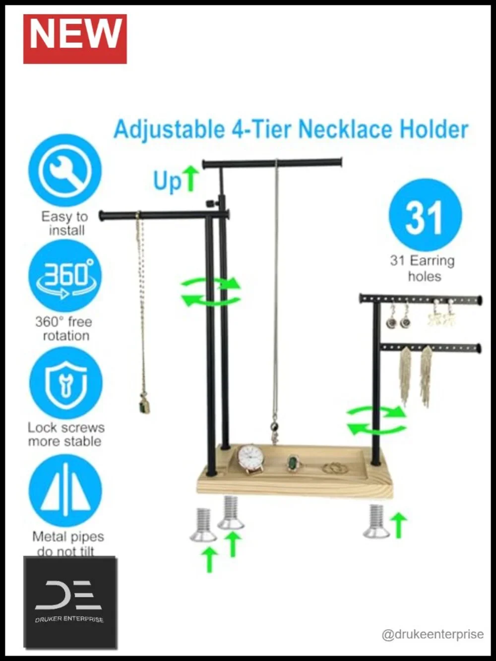 4-Tier Adjustable Jewelry Stand Necklace Earring Holder Iron Wood